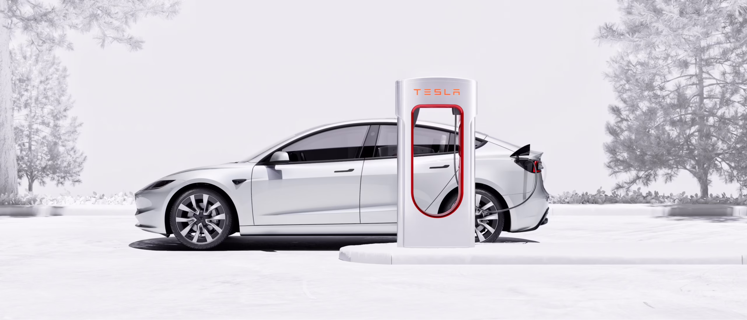 Tesla Model 3 parked at Supercharger displaying referral bonus