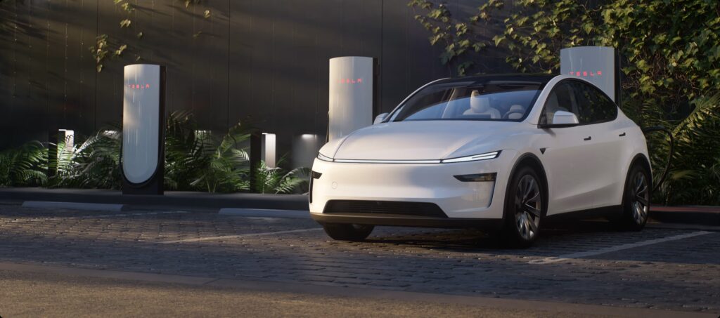 Tesla Model 3 parked on city street with referral bonus offer