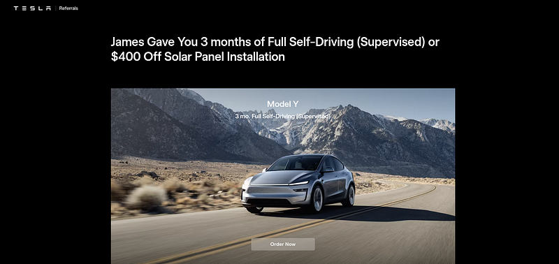 Tesla car with discount code applied for 2025 savings and free supercharging