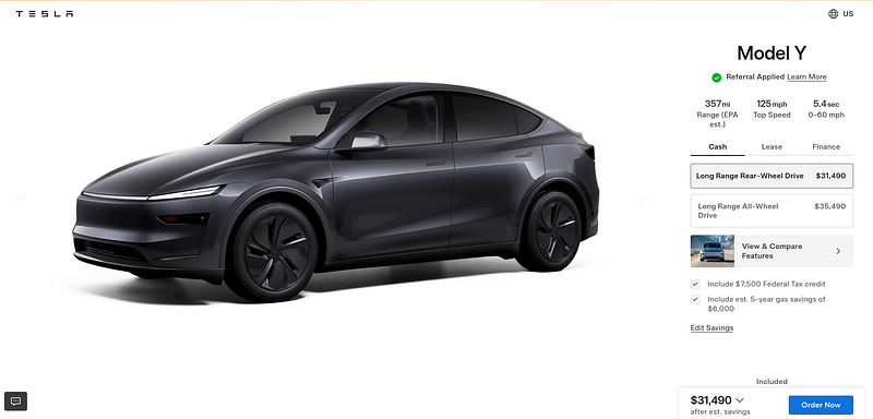Tesla vehicle eligible for 2025 referral code discounts and perks