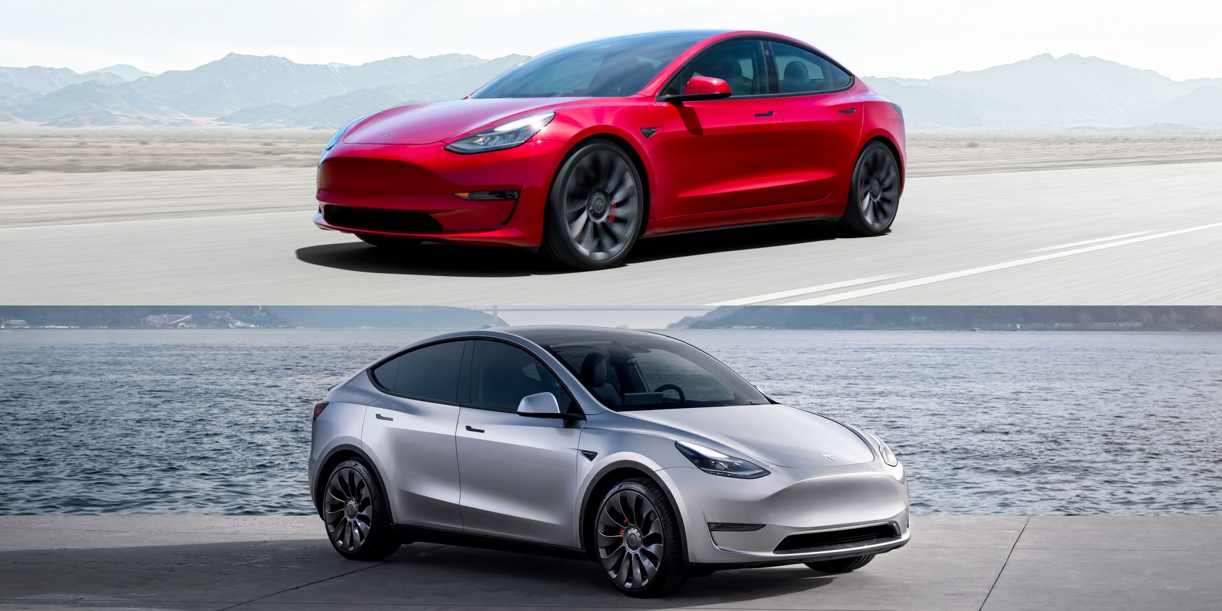 Tesla Model Y and Model 3 charging side by side at a Tesla Supercharger in 2025.